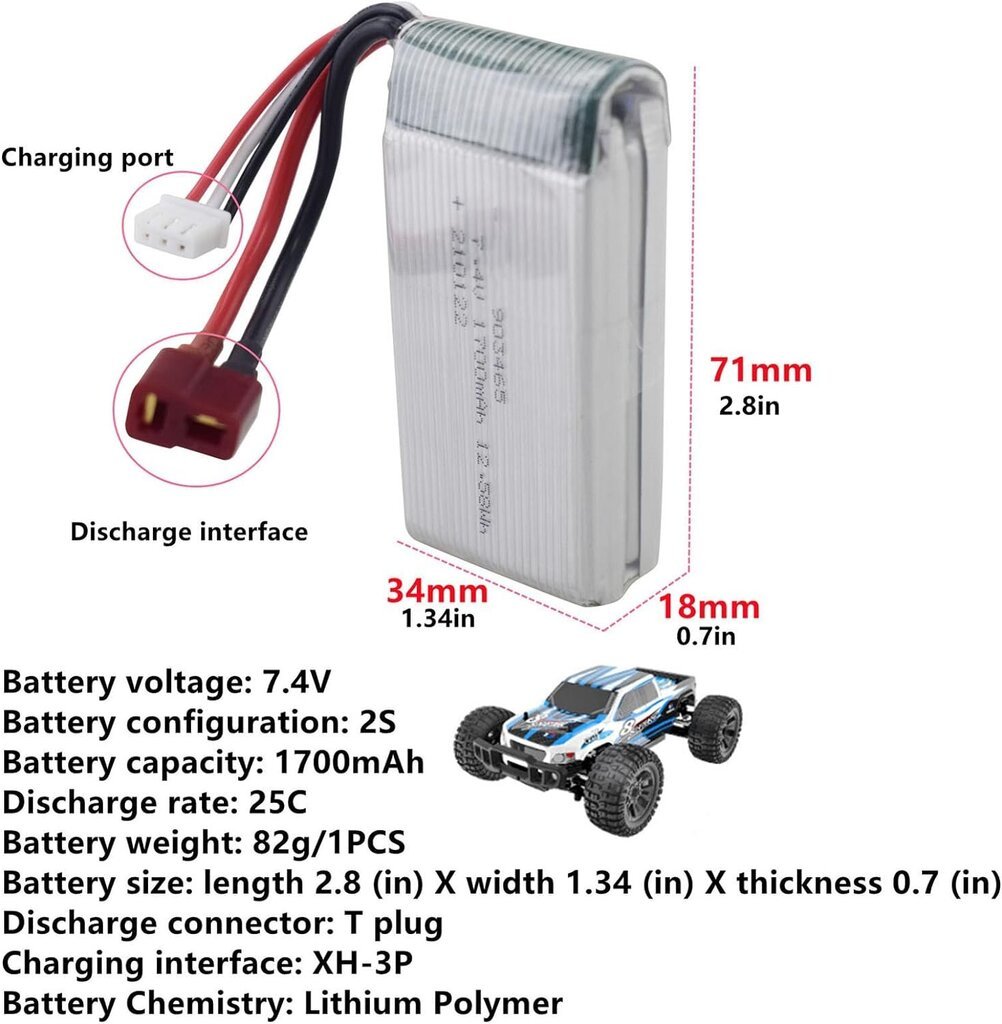 2tk 7.4V 1700mAh liitium akud, ühilduvad 4WD suure kiirusega RC auto - mudelid 9200/9200E/200E/9202E/9203E/9204E/9205E/9206E/2995/YC300 цена и информация | Patareid | kaup24.ee