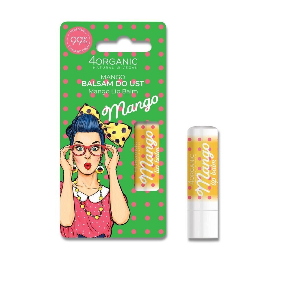Huulepalsam 4Organic_Lip Balm Pin-Up Girl Mango, 5 g hind ja info | Huulepulgad, -läiked, -palsamid, vaseliin | kaup24.ee