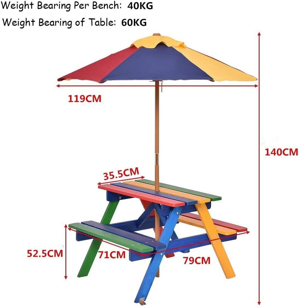 Lastepink koos vihmavarjuga Costway, 79x71x52,5 cm, erinevad värvid цена и информация | Laste õuemööbel | kaup24.ee
