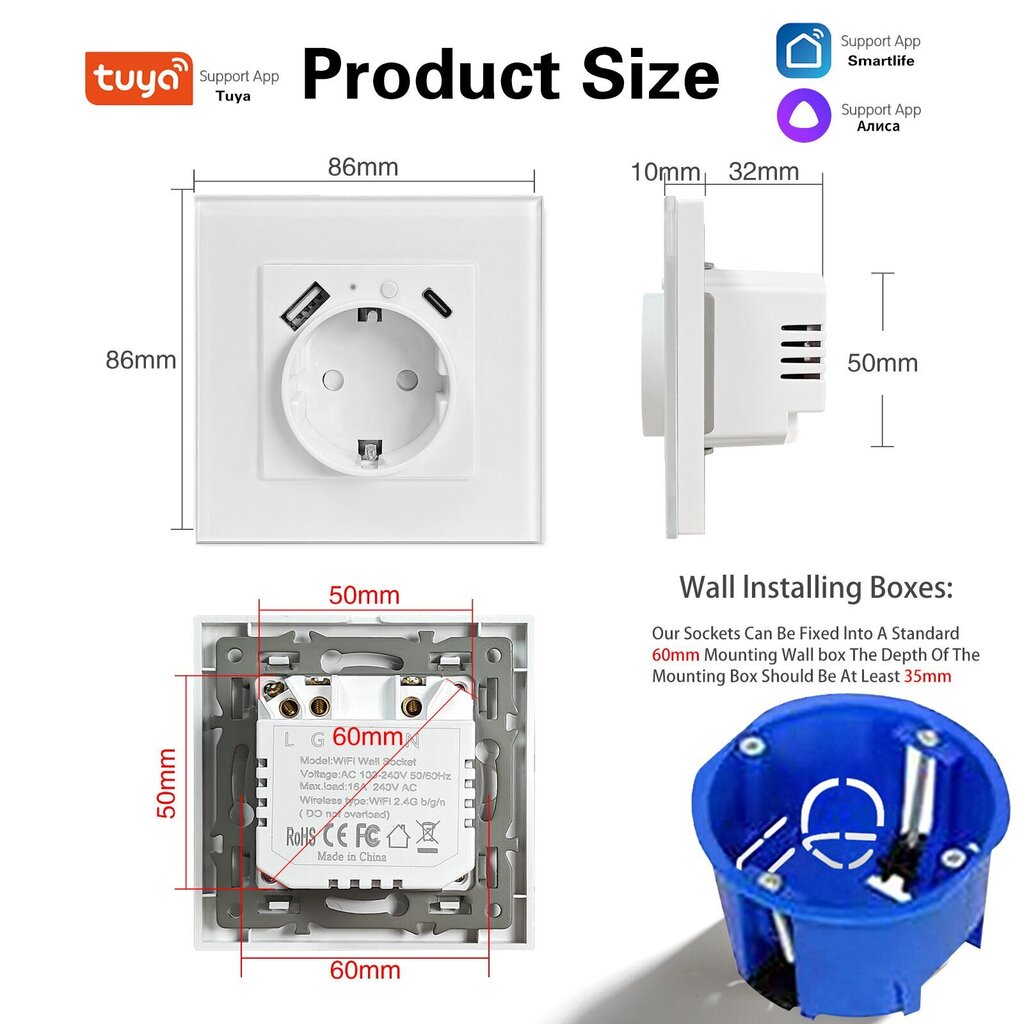 Nutikas wifi sisseehitatud seina elektripistik kaugrakendusega 16A 3500W LIVMAN TY-EU-86-UC-W hind ja info | Lülitid ja pistikupesad | kaup24.ee