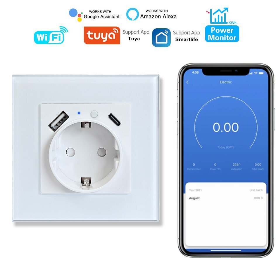 Nutikas wifi sisseehitatud seina elektripistik kaugrakendusega 16A 3500W LIVMAN TY-EU-86-UC-W hind ja info | Lülitid ja pistikupesad | kaup24.ee