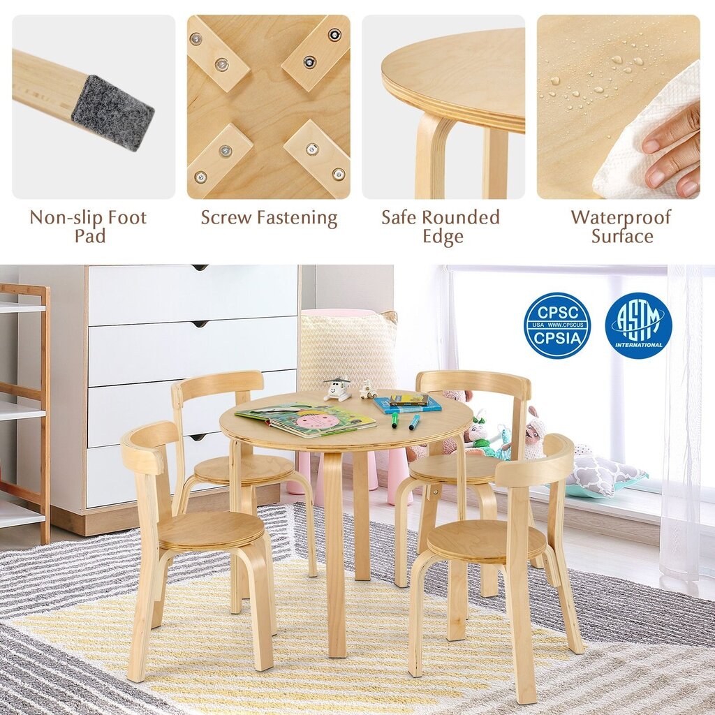 Laste puidust laud ja 4 tooli Costway цена и информация | Laste lauad ja toolid | kaup24.ee