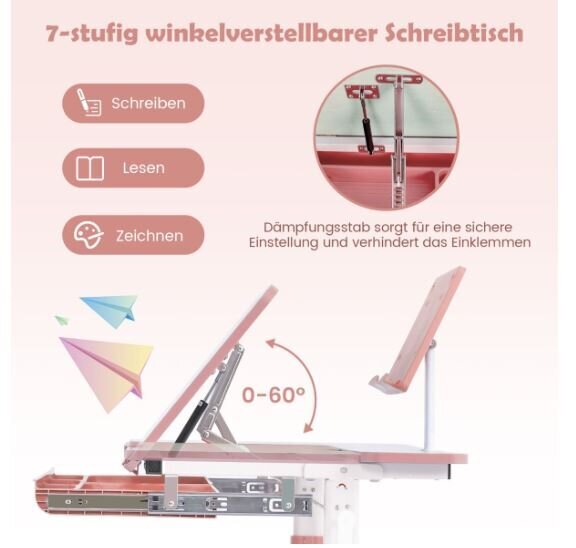 Reguleeritava kõrgusega laste kirjutuslaud kallutatava lauaplaadiga Costway, roosa hind ja info | Laste lauad ja toolid | kaup24.ee