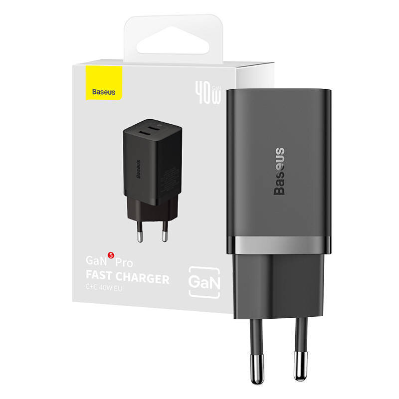 Wall Charger Baseus GaN5 40W, 2x USB C (Black) цена и информация | Mobiiltelefonide laadijad | kaup24.ee