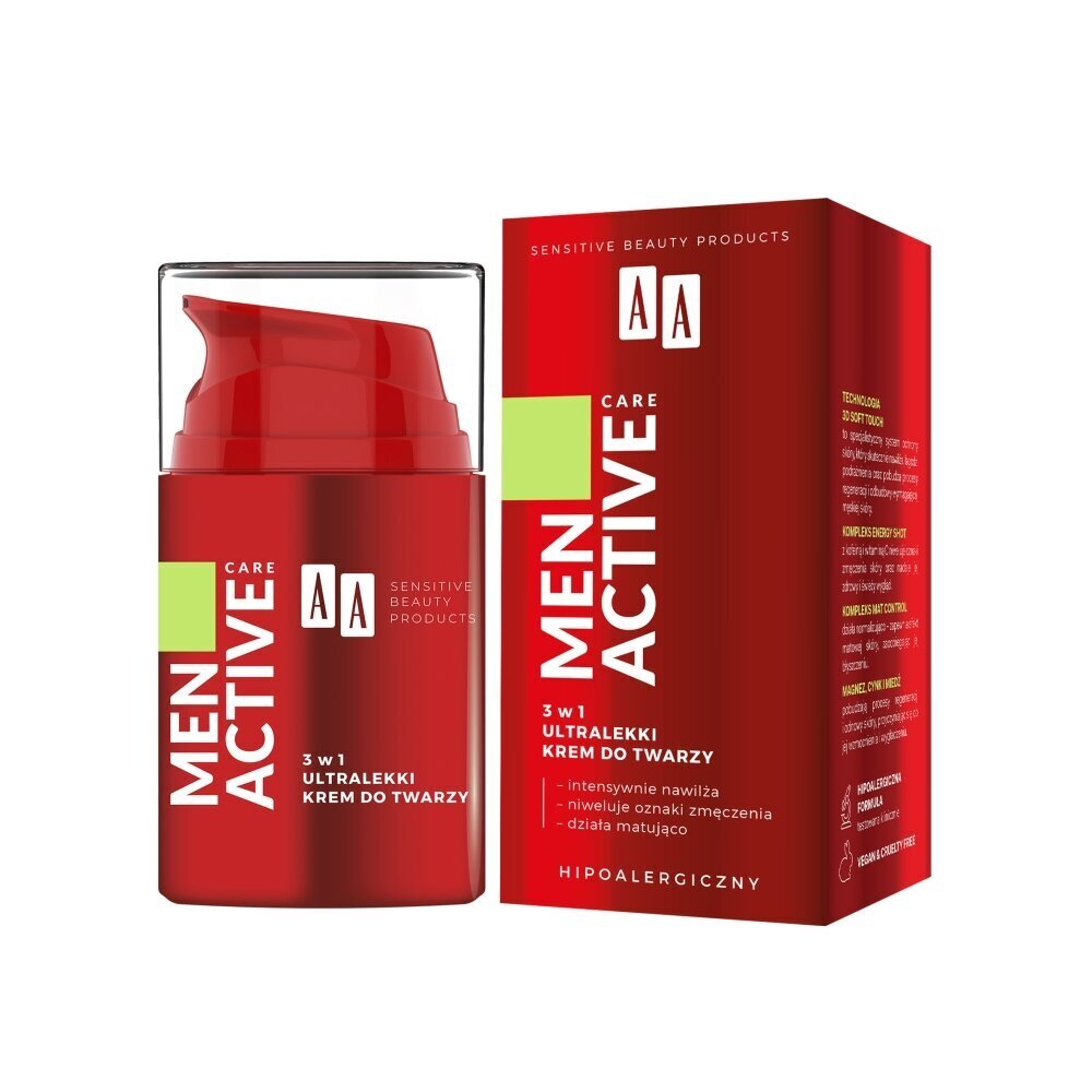 Näokreem AA Men Active Care 3in1 meestele, 50 ml hind ja info | Näokreemid | kaup24.ee