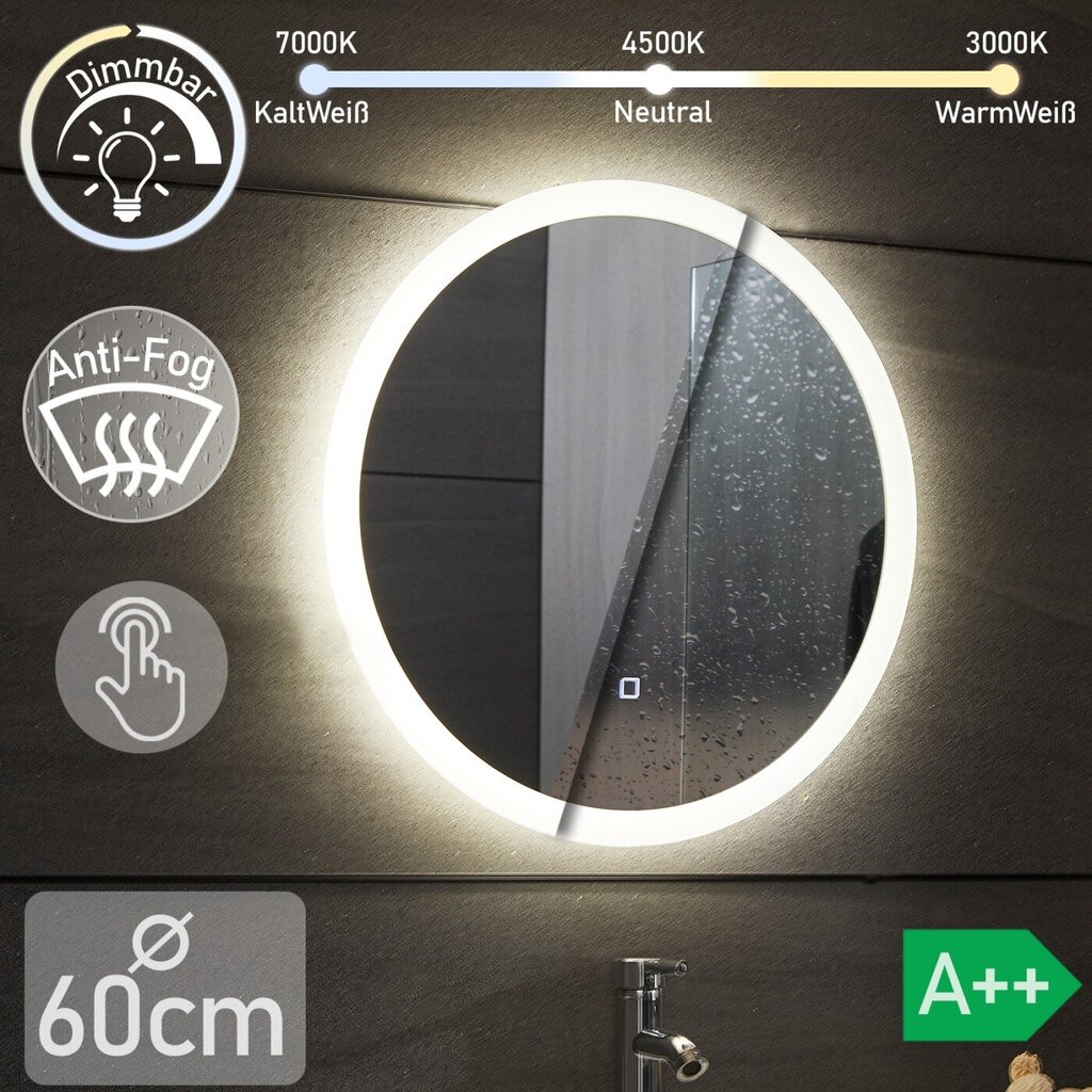 Vannitoa peegel, ümmargune, LED, puutetundlik, 60cm цена и информация | Vannitoa peeglid | kaup24.ee