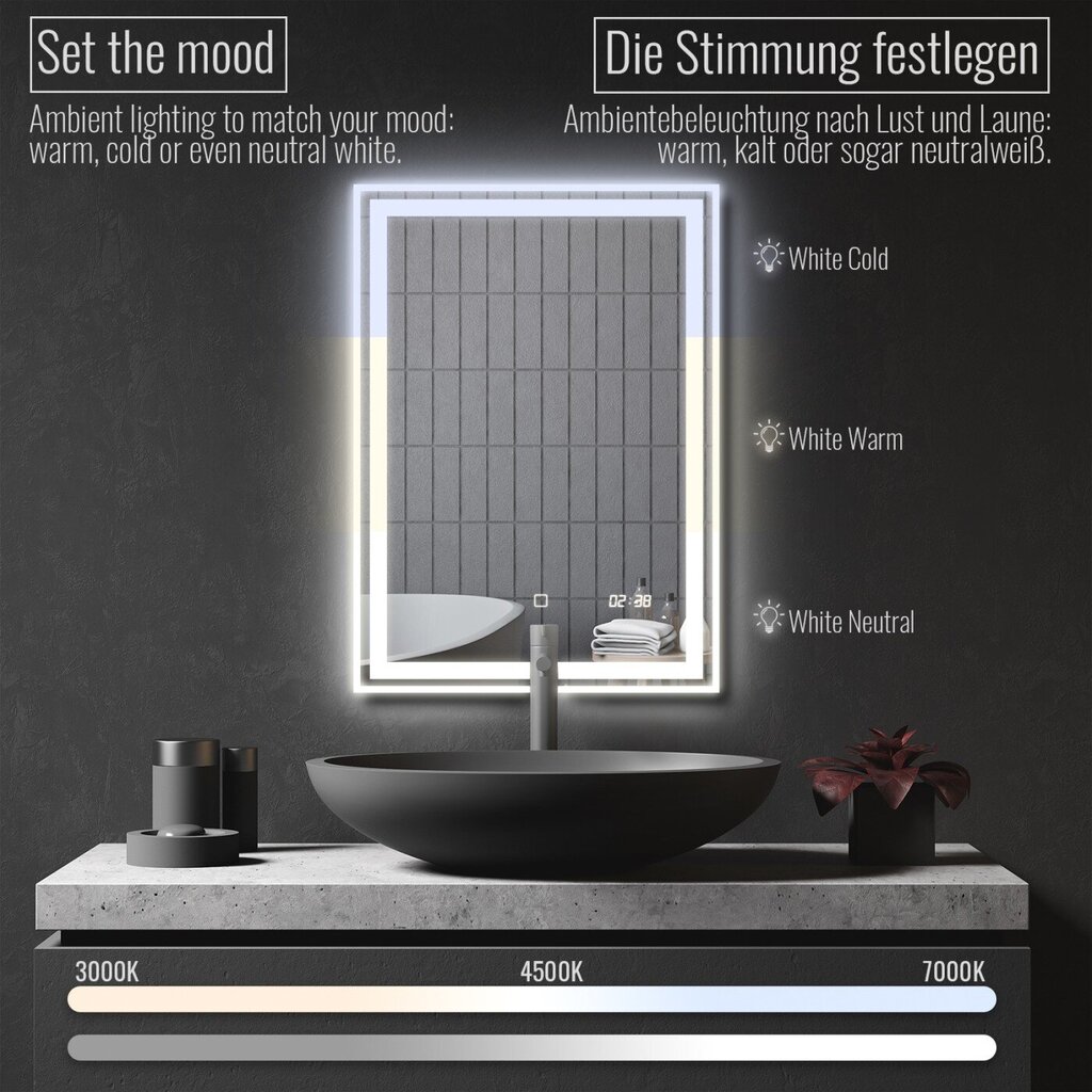 Vannitoa peegel, LED, digikell, puutetundlik 50x70cm hind ja info | Vannitoa peeglid | kaup24.ee