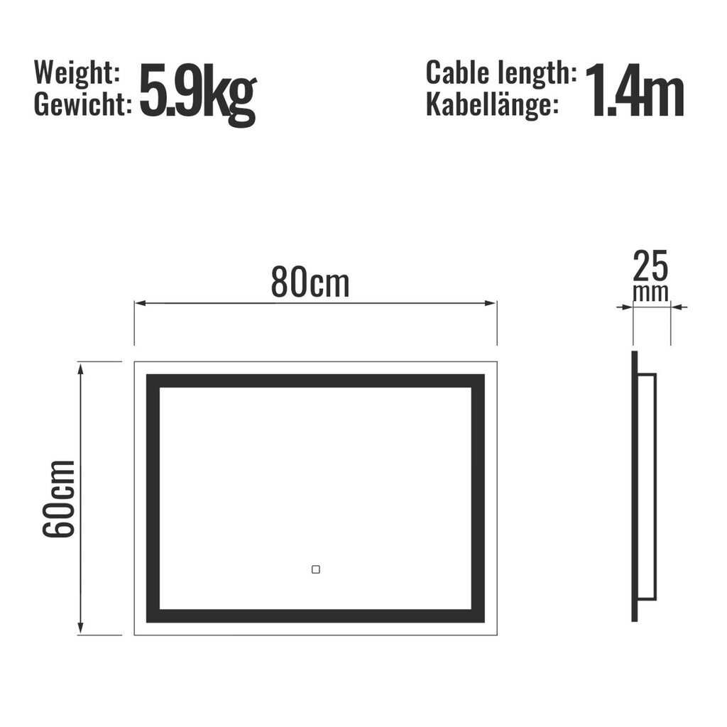 Vannitoa peegel, LED, puutetundlik 80x60cm hind ja info | Vannitoa peeglid | kaup24.ee