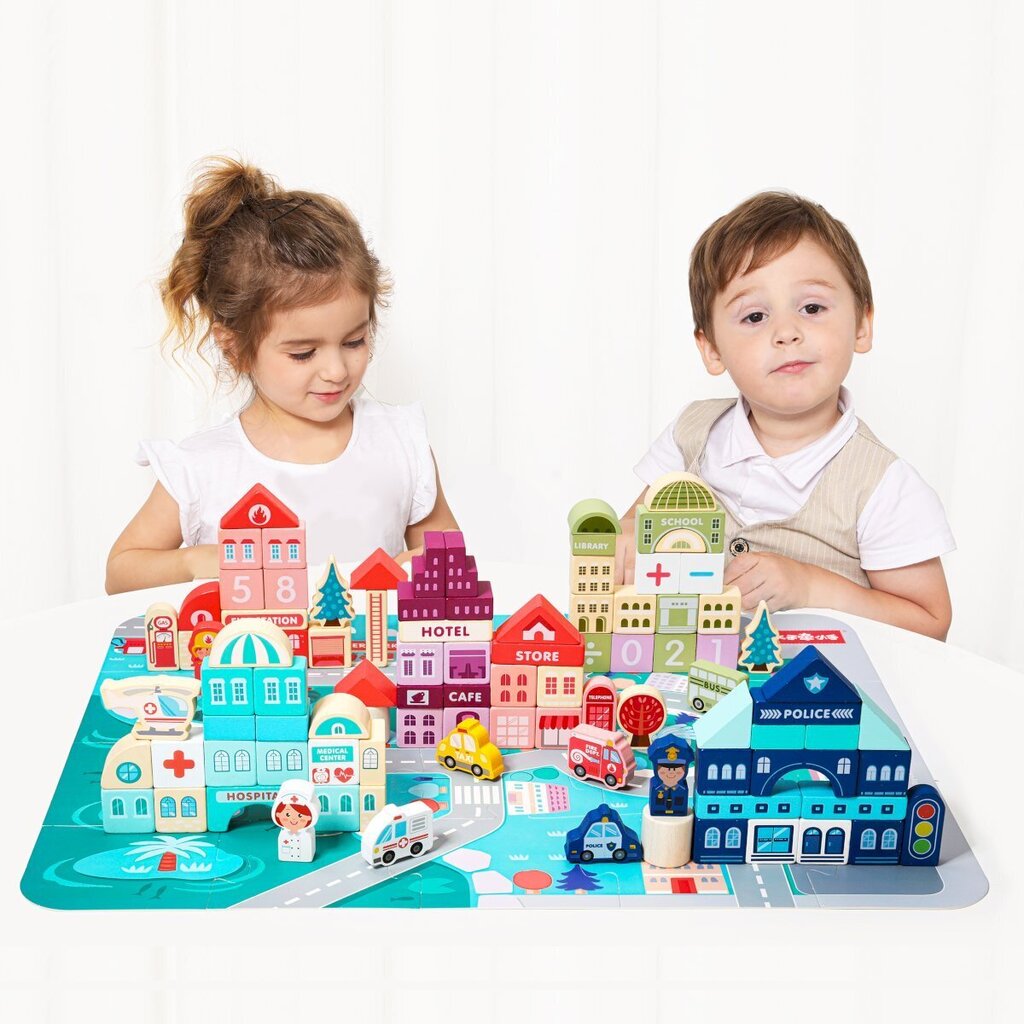 Puidust klotsid koos matiga, 121 tk hind ja info | Imikute mänguasjad | kaup24.ee