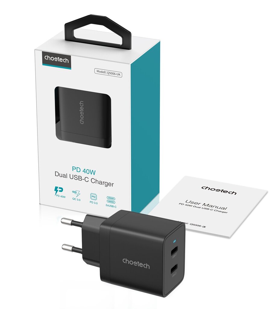 Laadija Choetech Q5006 2xUSB-C PD40W, must цена и информация | Mobiiltelefonide laadijad | kaup24.ee