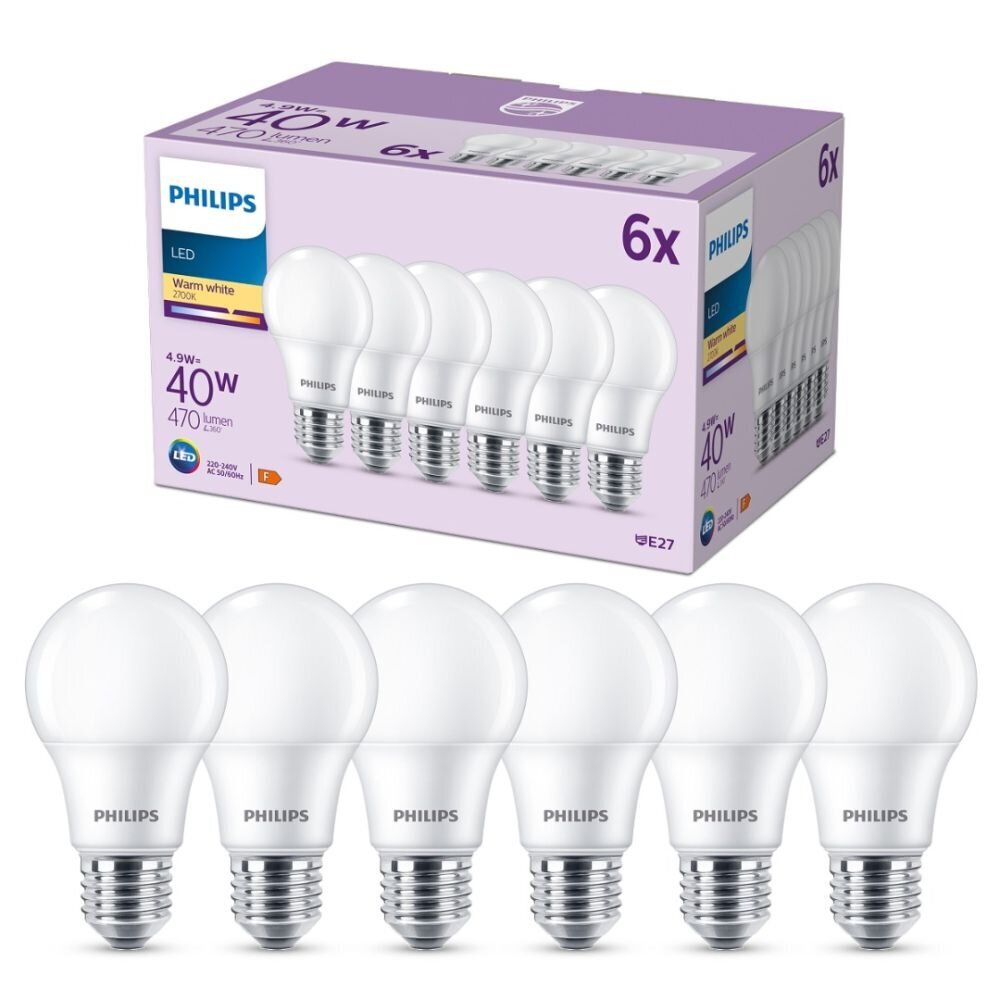 Philips LED pirn 4,9W (ekv 40W) 470lm A60 E27 2700K, 6tk hind ja info | Lambipirnid, lambid | kaup24.ee