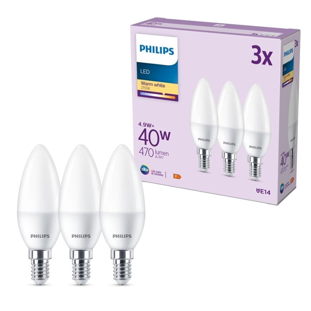 Philips LED pirn 4,9W (ekv 40W) 470lm B35 E14 2700K, 3 tk hind ja info | Lambipirnid, lambid | kaup24.ee