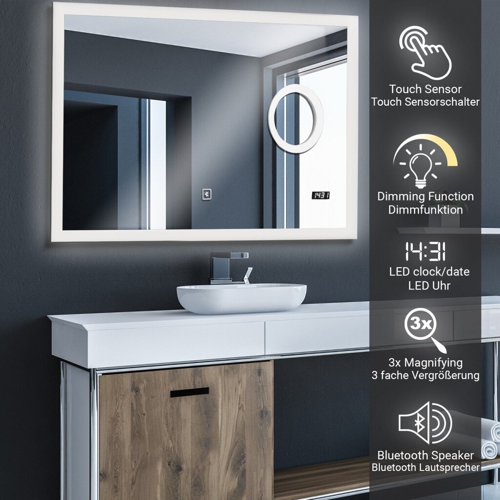 Vannitoa peegel/lähipeegel, puutetundlik lüliti, LED, Bluetooth, 80x60cm hind ja info | Vannitoa peeglid | kaup24.ee