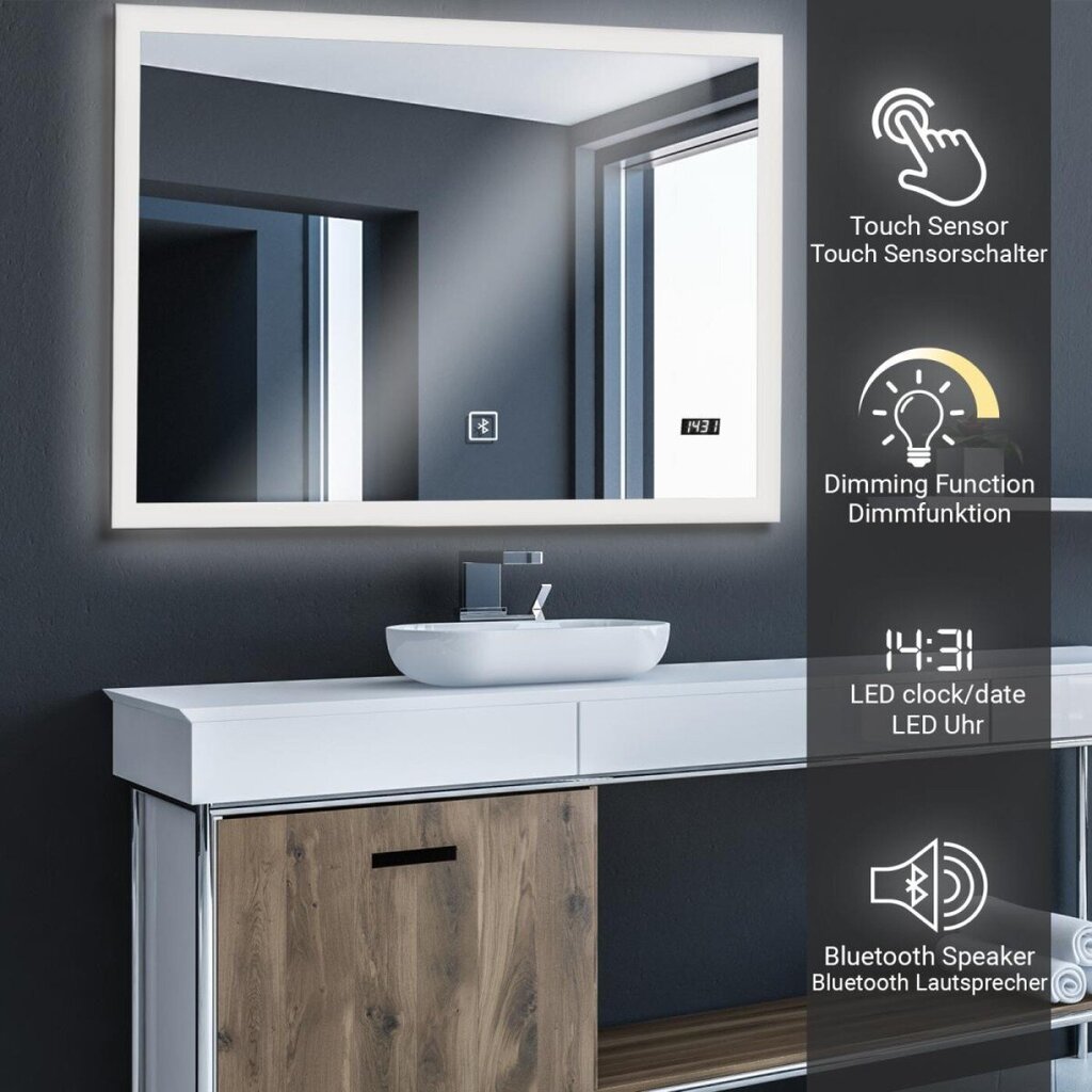Vannitoa peegel, puutetundlik lüliti, LED, Bluetooth, 80x60cm hind ja info | Vannitoa peeglid | kaup24.ee