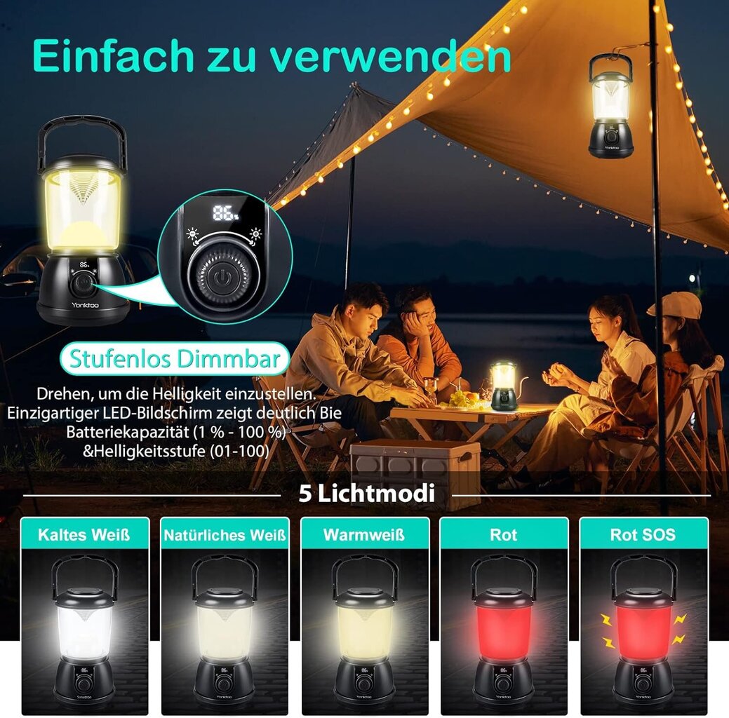 Yonktoo laetav veekindel matkalamp, 5 valgustusrežiimi, 5200 mAh, must hind ja info | Taskulambid, prožektorid | kaup24.ee