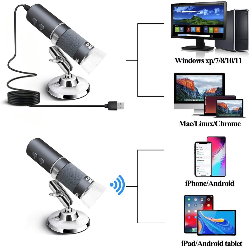 Ninyoon juhtmevaba digitaalne WIFI mikroskoop, 4K, 50 kuni 1000X hind ja info | Mikroskoobid ja teleskoobid | kaup24.ee