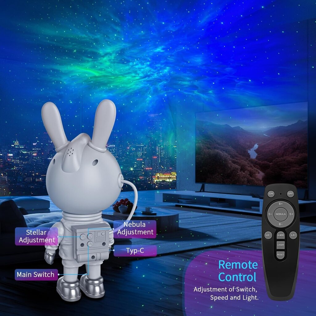 LED galaktika ja tähtprojektor Astronaut Bunny hind ja info | Peokaunistused | kaup24.ee