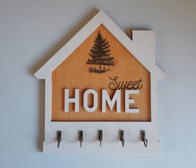 Puidust võtmehoidja “Sweet Home”, 5 metallist konksu, 22x23 cm, valge hind ja info | Sisustuselemendid | kaup24.ee
