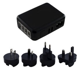 Xcessor universaalne 4-pordiline USB-reisilaadija. EL USA UK AU. Must цена и информация | Зарядные устройства для телефонов | kaup24.ee