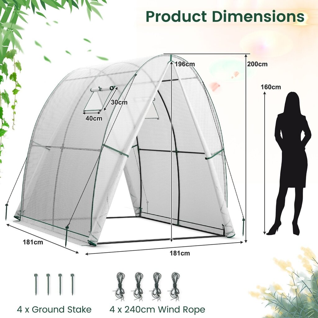 Tunnelkasvuhoone Costway 181 x 181 x 200 cm, valge hind ja info | Kasvuhooned | kaup24.ee