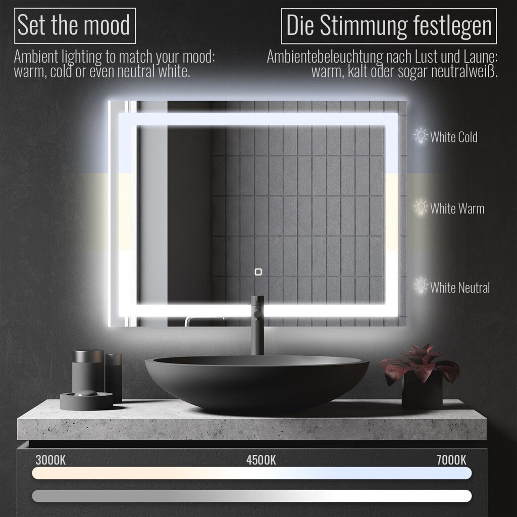 Vannitoa peegel, LED, puutetundlik 90x60cm hind ja info | Vannitoa peeglid | kaup24.ee