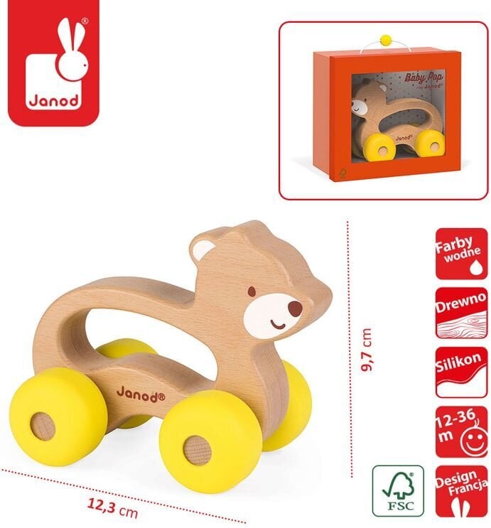 Puidust ratastega mänguasi lastele Janod Baby pop цена и информация | Imikute mänguasjad | kaup24.ee