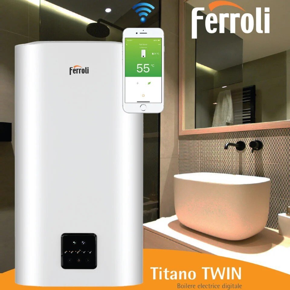 Elektriboiler Ferroli lame 100 l 1,8 kW, vertikaalne/horisontaalne TITANO TWIN 100 WI-FI, valge hind ja info | Boilerid | kaup24.ee