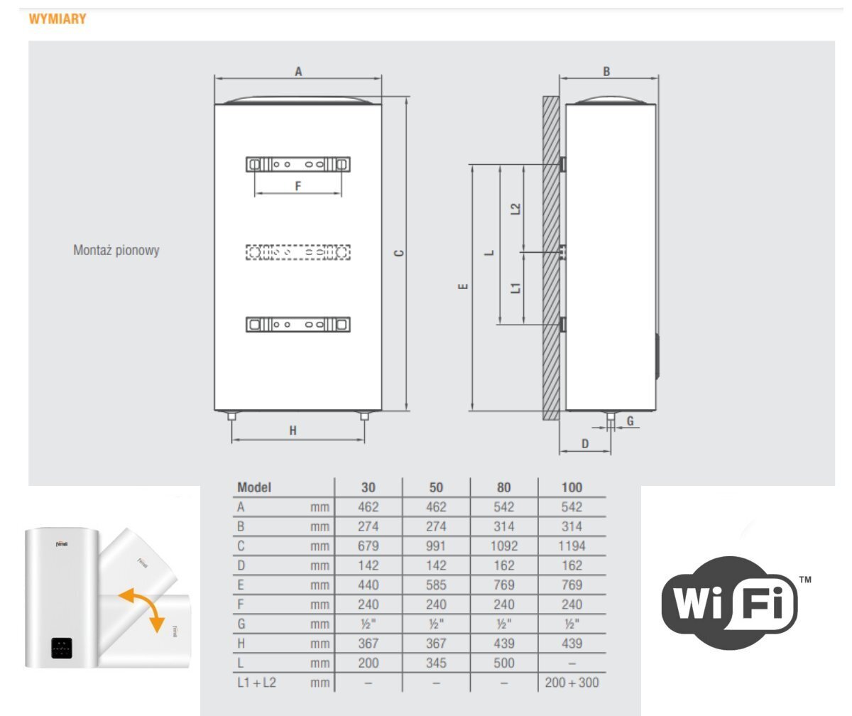 Elektriboiler Ferroli lame 100 l 1,8 kW, vertikaalne/horisontaalne TITANO TWIN 100 WI-FI, valge hind ja info | Boilerid | kaup24.ee