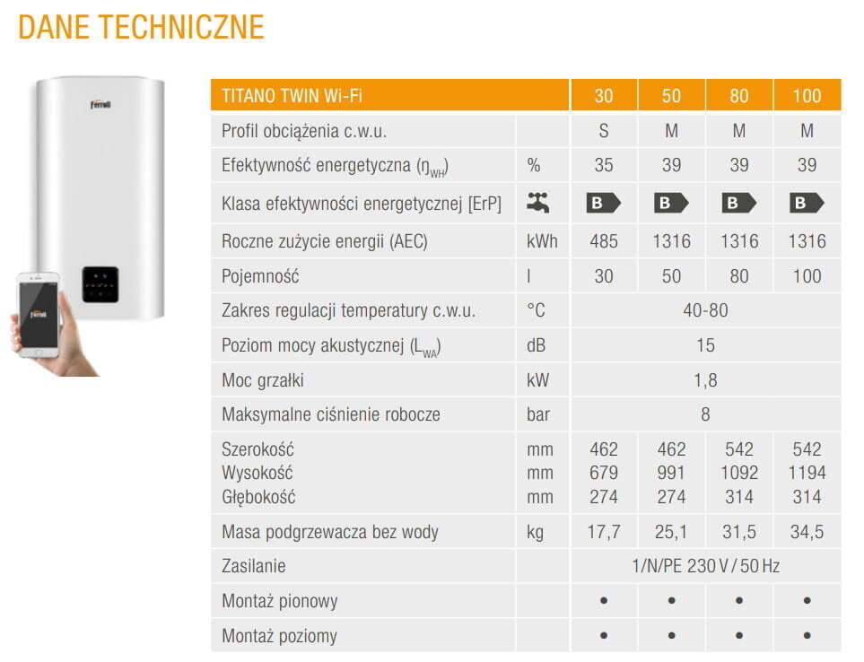 Elektriboiler Ferroli lame 100 l 1,8 kW, vertikaalne/horisontaalne TITANO TWIN 100 WI-FI, valge цена и информация | Boilerid | kaup24.ee