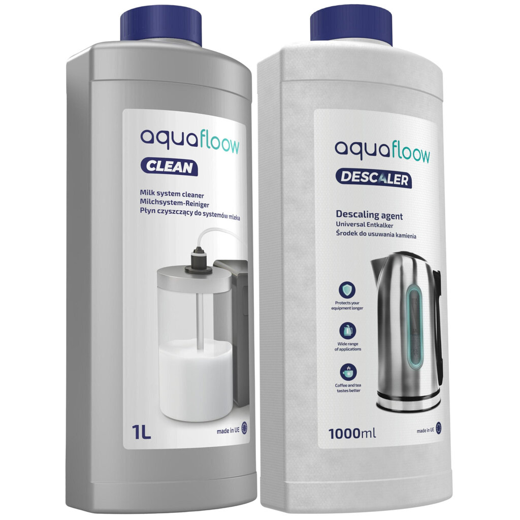 Aquafloow espressomasina puhastuskomplekt: Puhastav vedelik piimaringi puhastamiseks 1L + kaldeerija 1L hind ja info | Puhastusvahendid | kaup24.ee