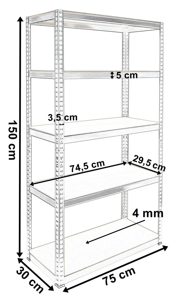 5-tasandiline riiul 150x75x30 - max 625 kg hind ja info | Riiulid | kaup24.ee