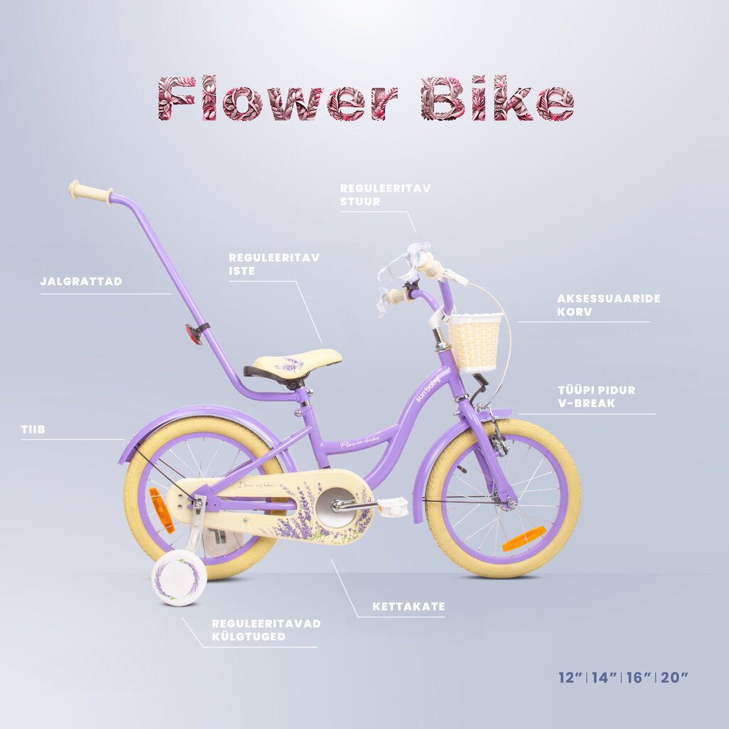 Flower Bike jalgratas tüdrukule 16'', lilla цена и информация | Jalgrattad | kaup24.ee