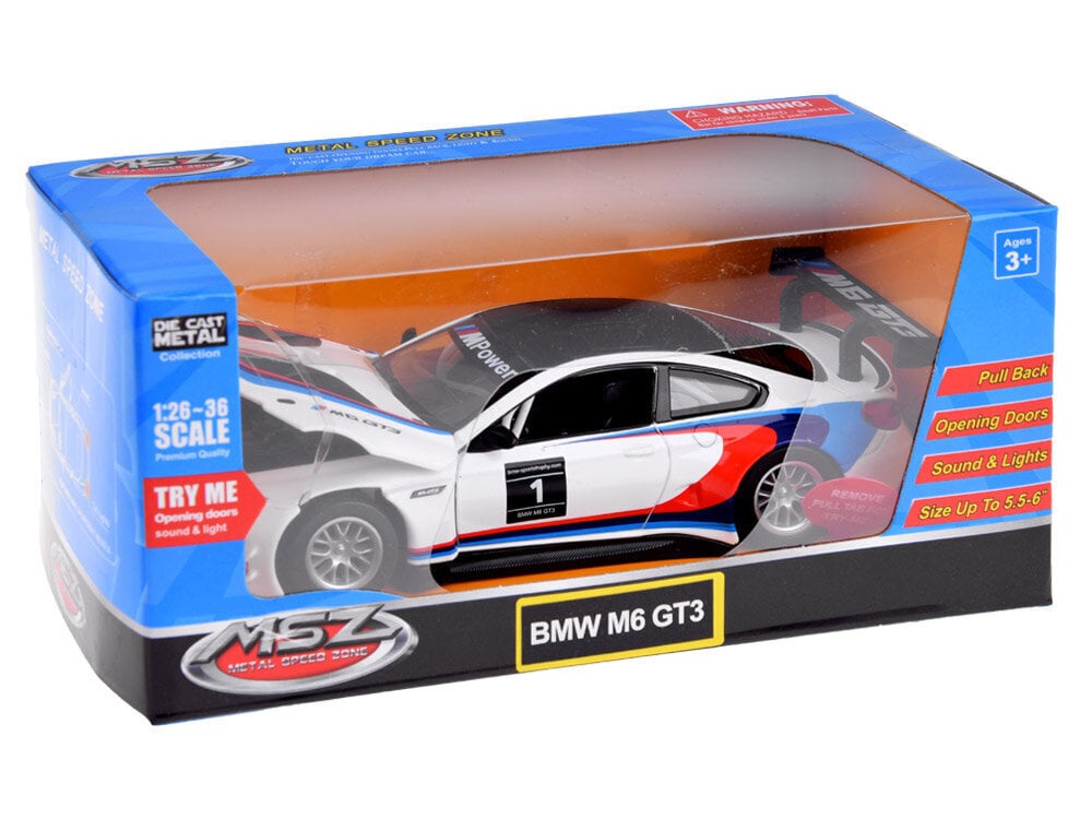 Metallist sportauto BMW M6 GT3, valge hind ja info | Poiste mänguasjad | kaup24.ee