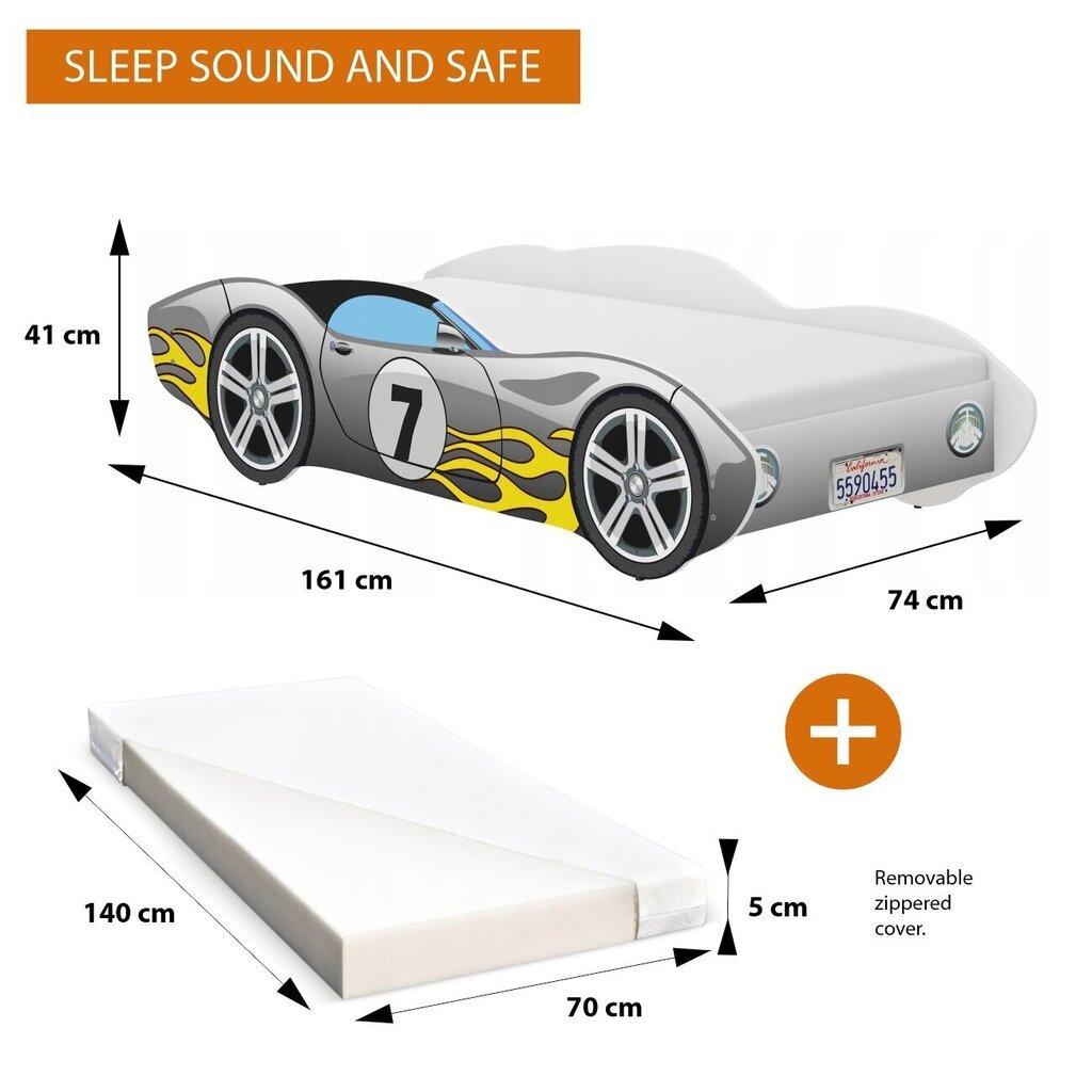 Laste voodi 140x70 cm, iGLOBAL, Auto Car Bed, Corvetta + madrats, leegiga hall hind ja info | Lastevoodid | kaup24.ee