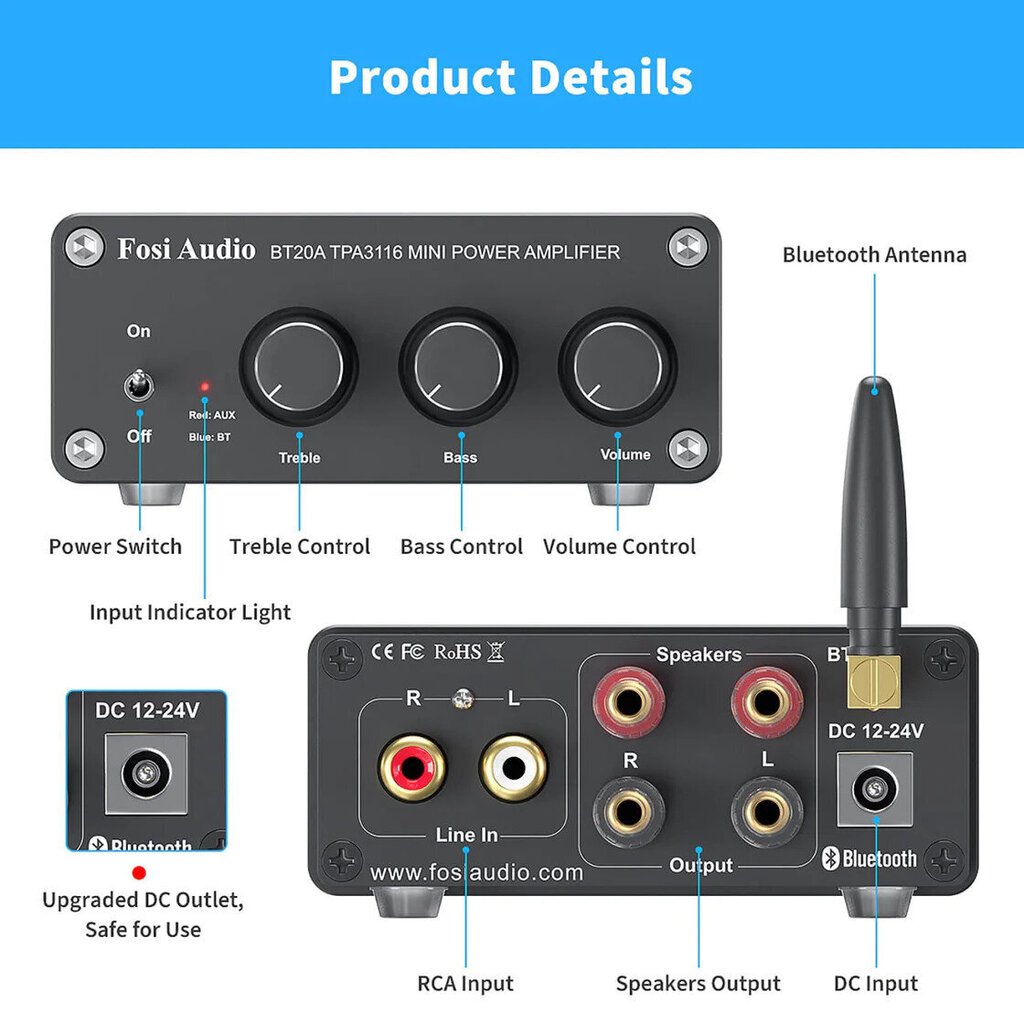 Bluetoothi helivõimendi Fosi Audio BT20A hind ja info | Muusikakeskused | kaup24.ee