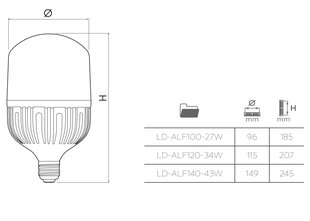 LED pirn F120 34W, 3700lm, E27, AC 230V 50/60 4000K, LD-ALF120-34W, GTV цена и информация | Лампочки | kaup24.ee