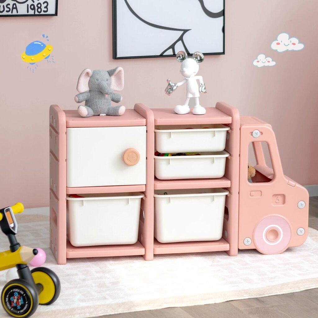 Veoautokujuline mänguasjariiul sahtlite ja hoiukastidega Costway, 110 x 32 x 66 cm, roosa цена и информация | Lastetoa öökapid | kaup24.ee