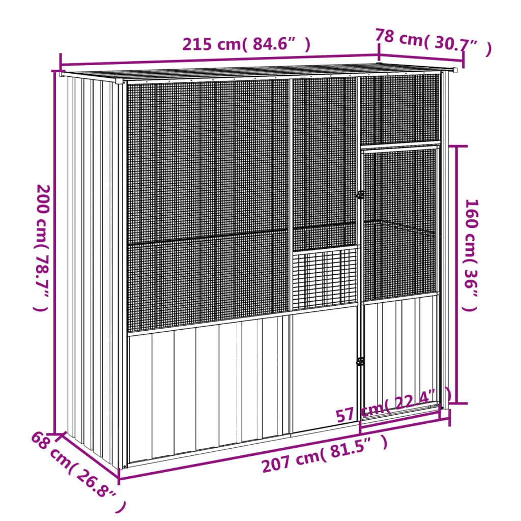 vidaXL linnupuur, hall, 215x78x200 cm, tsingitud teras hind ja info | Pesakastid, söötjad ja puurid | kaup24.ee