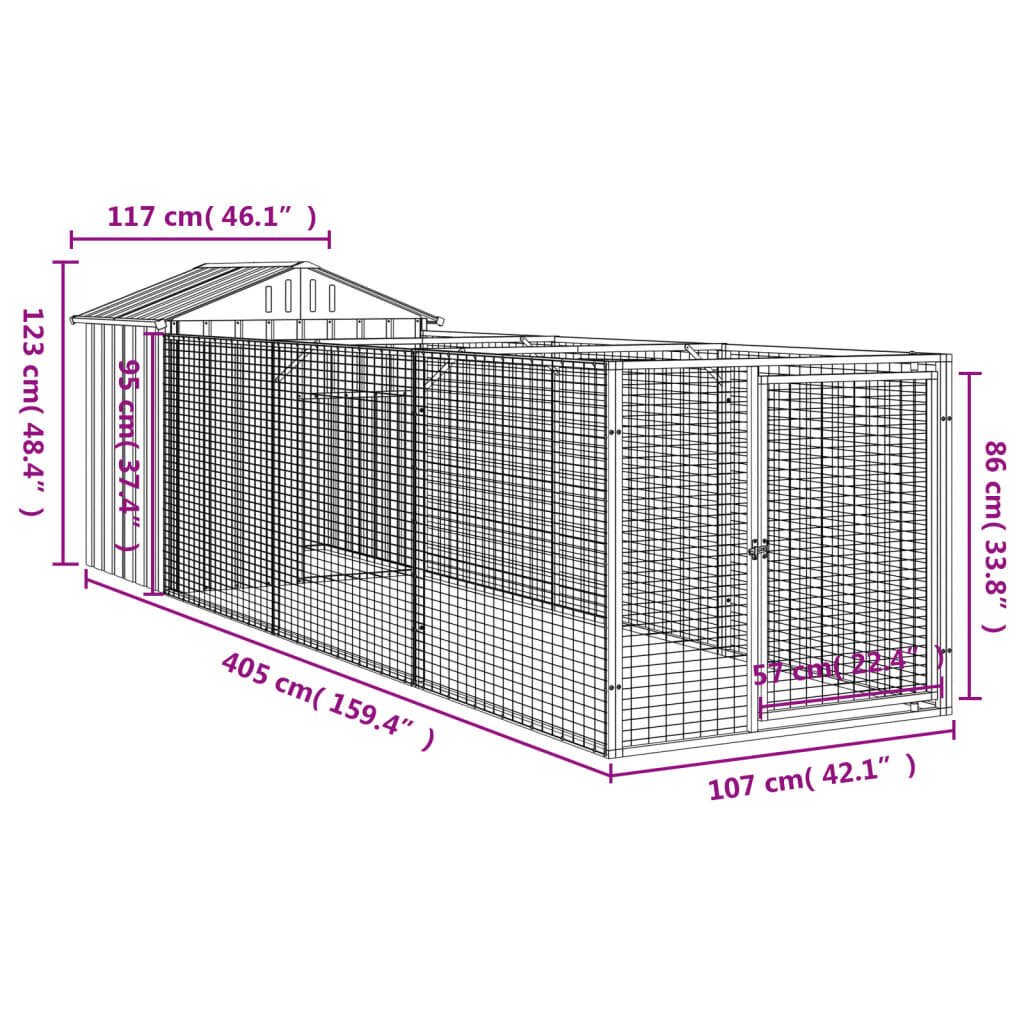 vidaXL koerakuut katusega, antratsiithall, 117x405x123 cm, teras цена и информация | Pesad, kuudid | kaup24.ee