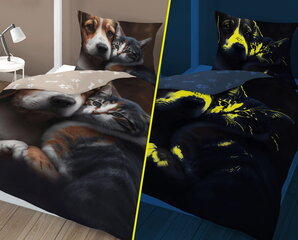 Pimedas helendav voodipesukomplekt Kass ja Koer, 140x200cm, 2-osaline hind ja info | Beebide ja laste voodipesu | kaup24.ee