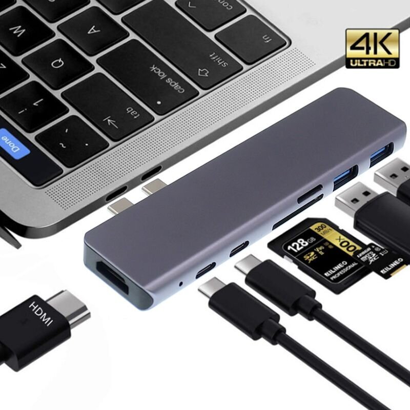 Adapter 7W1 Hub USB -C HDMI 4K SD SD MacBook Pro / Air - Grey цена и информация | USB jagajad, adapterid | kaup24.ee