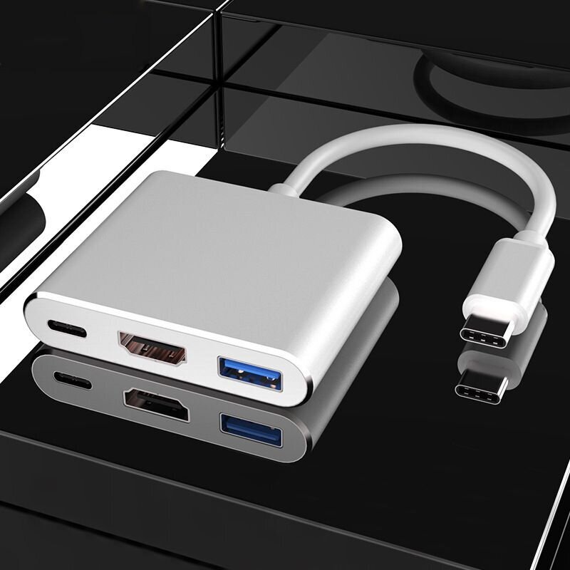 Alumiiniumist adapter 3in1 USB-C on HDMI 4K, USB 3.1, USB-C-Silver hind ja info | USB jagajad, adapterid | kaup24.ee