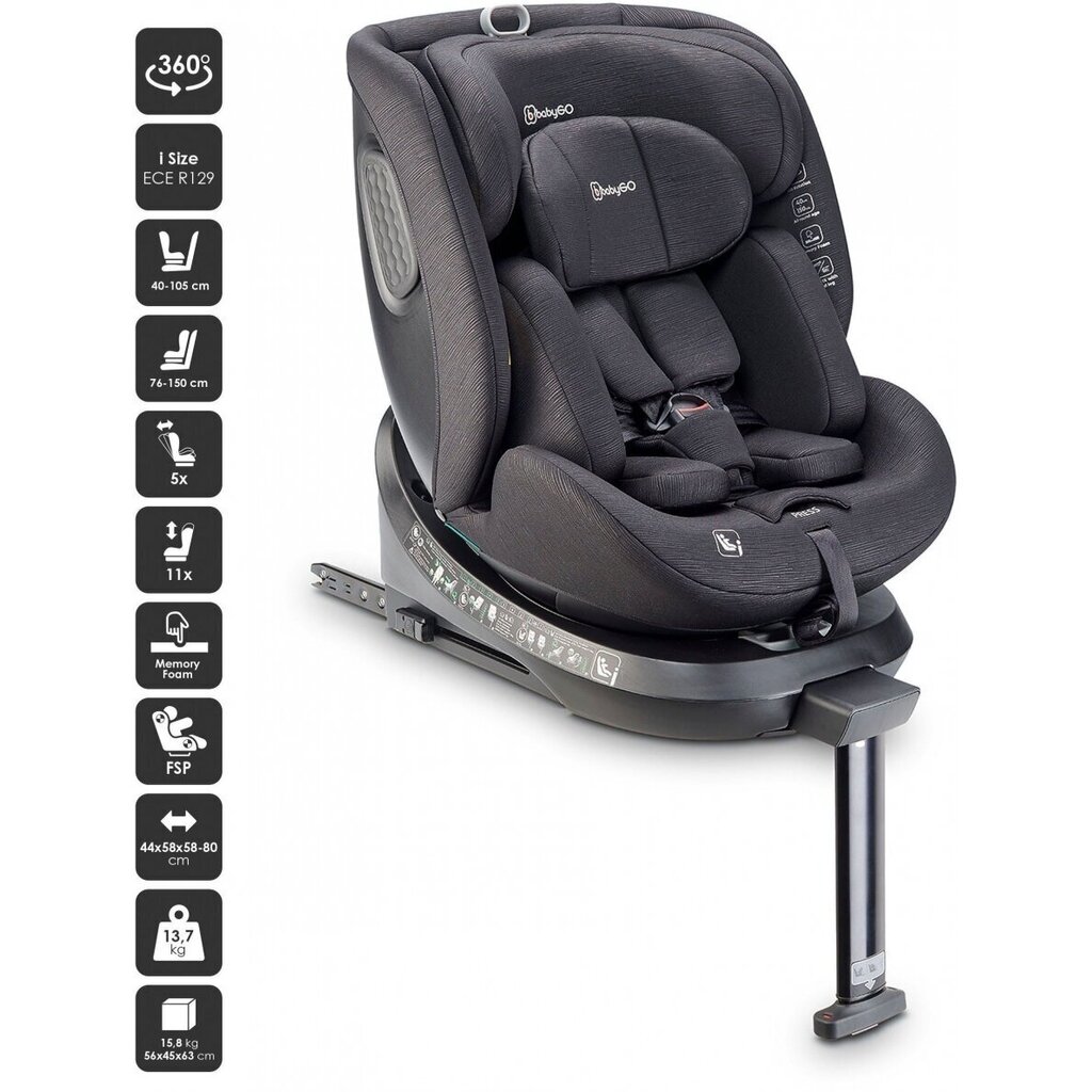 Turvahäll BabyGo, MOVE Isofix 360, Must 0-36 kg цена и информация | Turvatoolid | kaup24.ee