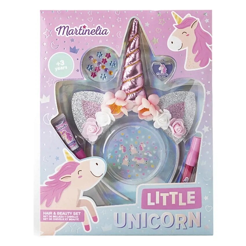 Martinelia kosmeetikakomplekt Little Unicorn lastele: huuleläige, 3 tk. + juukseaksessuaar + kleebised hind ja info | Laste ja ema kosmeetika | kaup24.ee