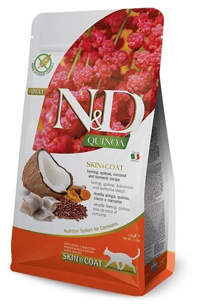 Farmina N&D Cat Quinoa Adult Skin&Coat kuivtoit kassidele heeringa ja kookospähkliga, 5 kg hind ja info | Kuivtoit kassidele | kaup24.ee