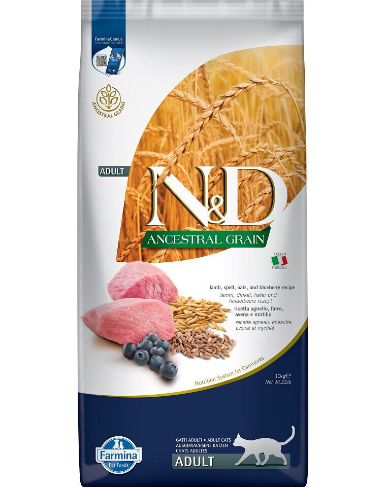 Farmina N&D Ancestral Neutered kuivtoit kassidele lambaliha, nisu, kaera ja mustikatega, 10 kg hind ja info | Kuivtoit kassidele | kaup24.ee