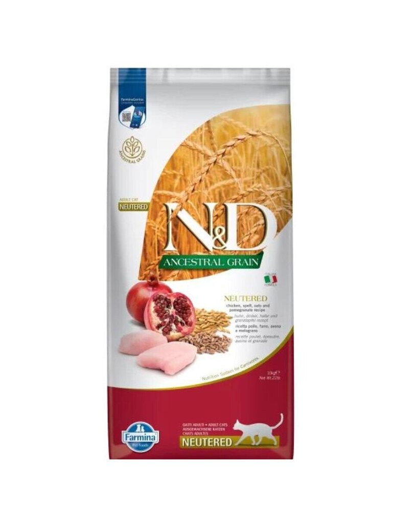 Farmina N&D Ancestral Neutered kuivtoit kassidele kana, nisu, kaera ja granaatõunaga, 10 kg hind ja info | Kuivtoit kassidele | kaup24.ee