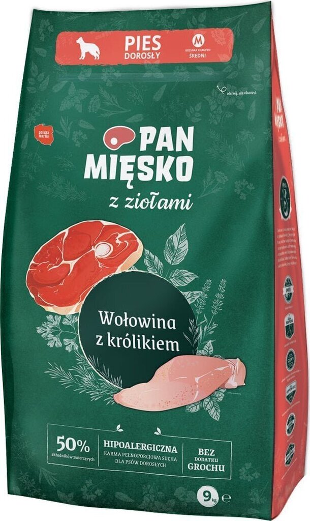 Pan Mięsko keskmist tõugu koertele koos ürtide, veiseliha ja küülikuga, 9 kg цена и информация | Kuivtoit koertele | kaup24.ee