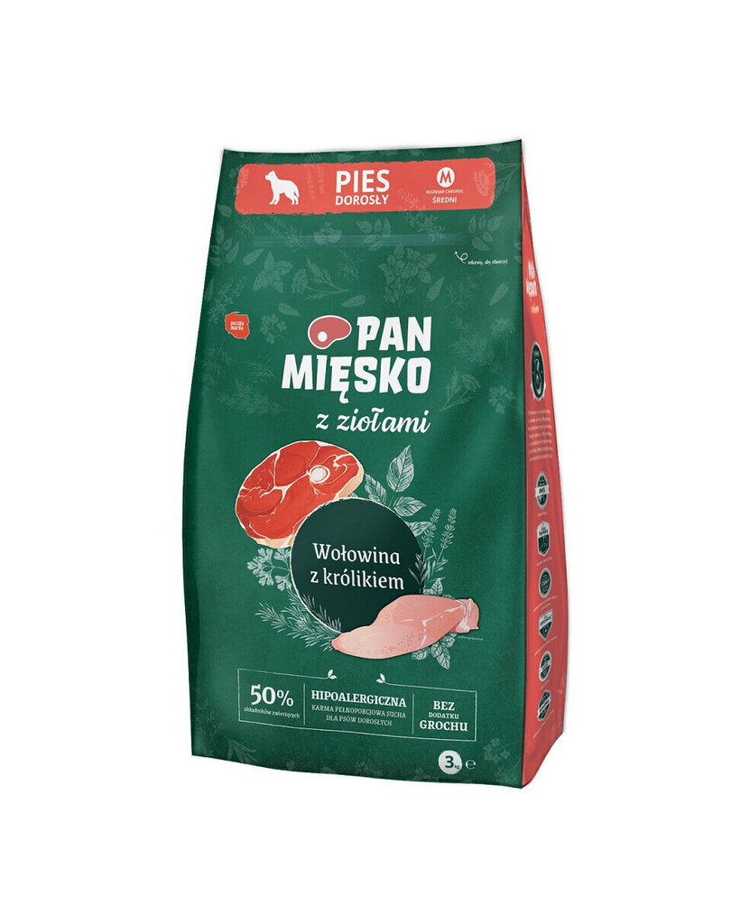 Pan Mięsko keskmist tõugu koertele koos veiseliha, küüliku ja ürtidega, 3 kg hind ja info | Kuivtoit koertele | kaup24.ee