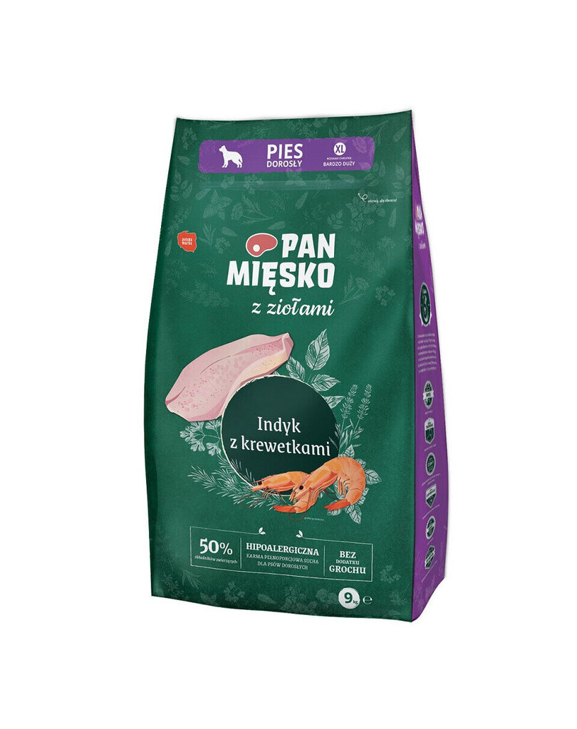 Pan Mięsko suurt tõugu koertele koos kalkuni, krevettide ja ürtidega, 9 kg hind ja info | Kuivtoit koertele | kaup24.ee